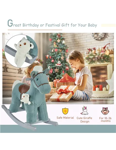 HOMCOM Kids Plush Ride-On Rocking Horse Toy Rocker with Plush Toy Realistic Sounds for Child 18-36 Months Blue