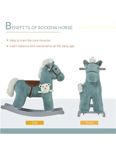 HOMCOM Kids Plush Ride-On Rocking Horse Toy Rocker with Plush Toy Realistic Sounds for Child 18-36 Months Blue