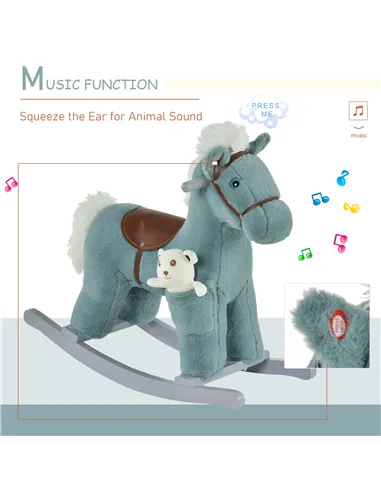 HOMCOM Kids Plush Ride-On Rocking Horse Toy Rocker with Plush Toy Realistic Sounds for Child 18-36 Months Blue