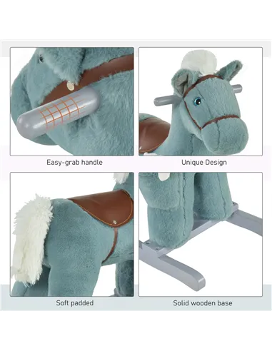 HOMCOM Kids Plush Ride-On Rocking Horse Toy Rocker with Plush Toy Realistic Sounds for Child 18-36 Months Blue