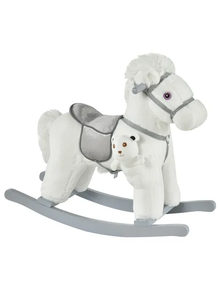 HOMCOM Kids Plush Ride-On Rocking Horse Toy Rocker with Plush Toy Realistic Sounds for Child 18-36 Months White