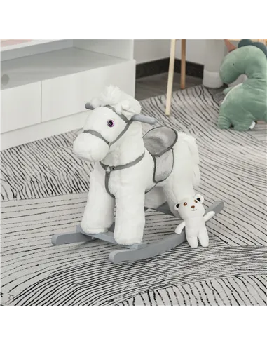 HOMCOM Kids Plush Ride-On Rocking Horse Toy Rocker with Plush Toy Realistic Sounds for Child 18-36 Months White