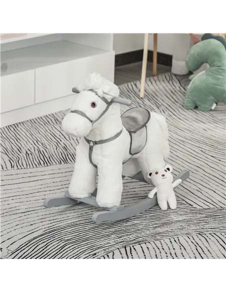 HOMCOM Kids Plush Ride-On Rocking Horse Toy Rocker with Plush Toy Realistic Sounds for Child 18-36 Months White