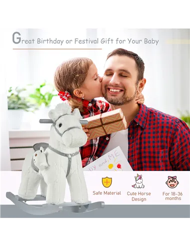 HOMCOM Kids Plush Ride-On Rocking Horse Toy Rocker with Plush Toy Realistic Sounds for Child 18-36 Months White