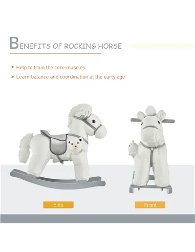 HOMCOM Kids Plush Ride-On Rocking Horse Toy Rocker with Plush Toy Realistic Sounds for Child 18-36 Months White
