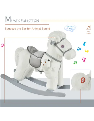 HOMCOM Kids Plush Ride-On Rocking Horse Toy Rocker with Plush Toy Realistic Sounds for Child 18-36 Months White