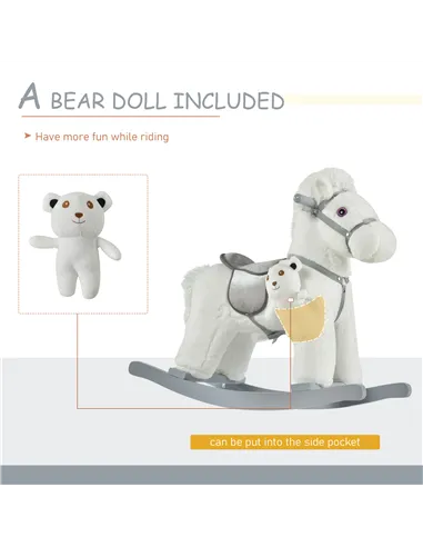 HOMCOM Kids Plush Ride-On Rocking Horse Toy Rocker with Plush Toy Realistic Sounds for Child 18-36 Months White