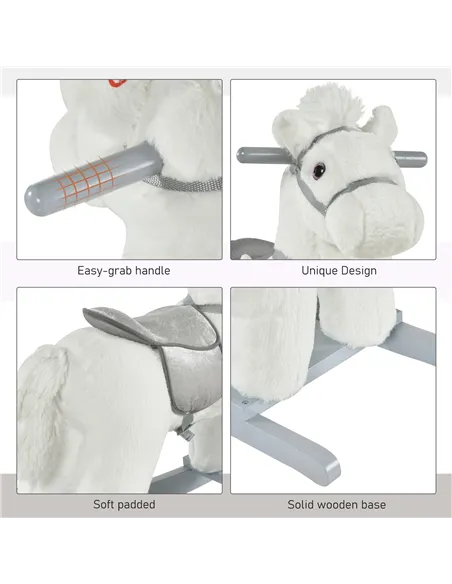 HOMCOM Kids Plush Ride-On Rocking Horse Toy Rocker with Plush Toy Realistic Sounds for Child 18-36 Months White