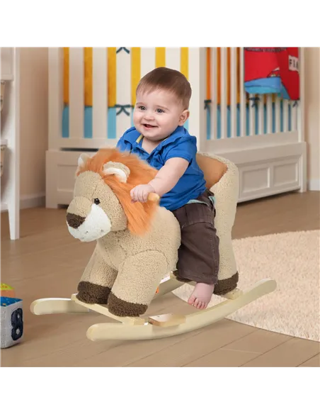 HOMCOM Kids Children Rocking Horse Plush Ride On Lion Seat w/ Sound Wood Base Seat Safety Belt Toddler Baby Toy for 18-36 Months