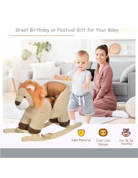 HOMCOM Kids Children Rocking Horse Plush Ride On Lion Seat w/ Sound Wood Base Seat Safety Belt Toddler Baby Toy for 18-36 Months