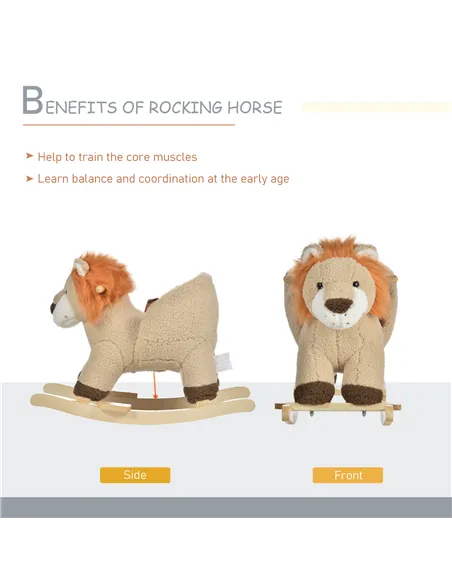 HOMCOM Kids Children Rocking Horse Plush Ride On Lion Seat w/ Sound Wood Base Seat Safety Belt Toddler Baby Toy for 18-36 Months