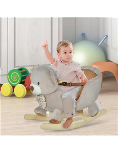 HOMCOM Kids Children Rocking Horse Plush Ride On Bear Seat w/ Sound Wood Base Seat Safety Belt Toddler Baby Toy for 18-36 Months