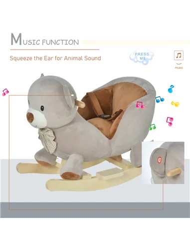 HOMCOM Kids Children Rocking Horse Plush Ride On Bear Seat w/ Sound Wood Base Seat Safety Belt Toddler Baby Toy for 18-36 Months
