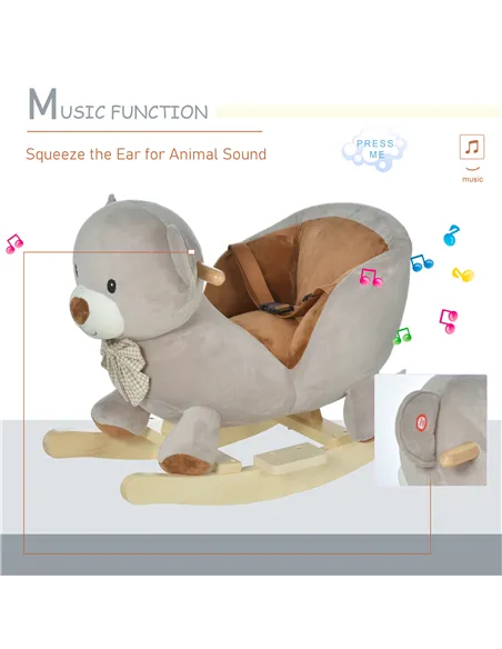 HOMCOM Kids Children Rocking Horse Plush Ride On Bear Seat w/ Sound Wood Base Seat Safety Belt Toddler Baby Toy for 18-36 Months