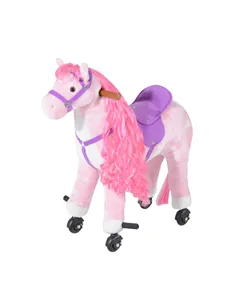 HOMCOM Plush Walking Horse Ride On Toy with Wheels and Realistic Sounds Rocking Horse for Girls Boys 2+ Years Old, 50cm Tall, Pi