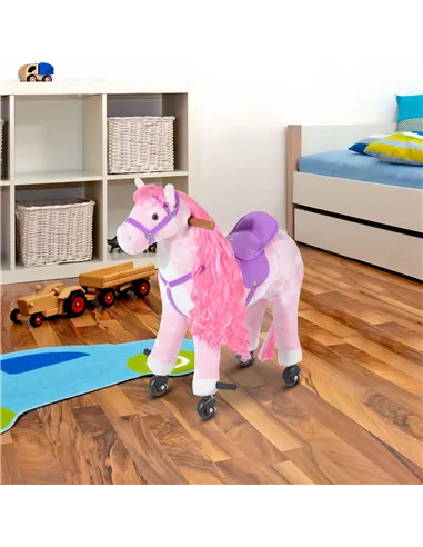HOMCOM Plush Walking Horse Ride On Toy with Wheels and Realistic Sounds Rocking Horse for Girls Boys 2+ Years Old, 50cm Tall, Pi