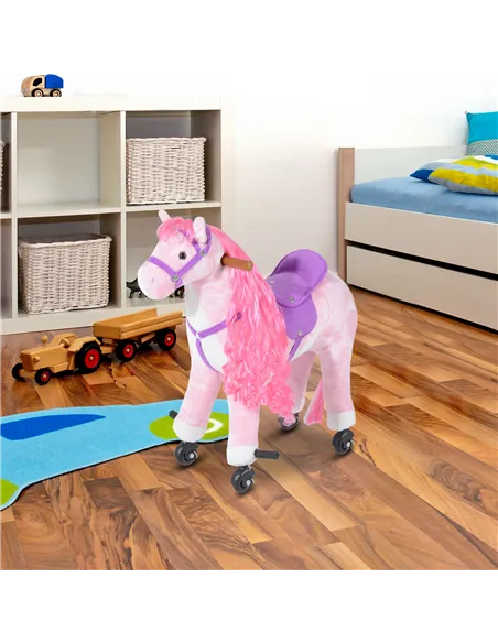 HOMCOM Plush Walking Horse Ride On Toy with Wheels and Realistic Sounds Rocking Horse for Girls Boys 2+ Years Old, 50cm Tall, Pi
