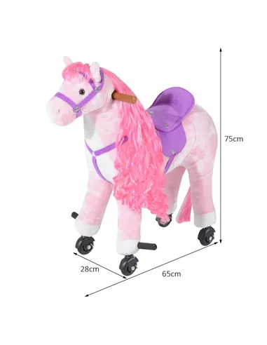 HOMCOM Plush Walking Horse Ride On Toy with Wheels and Realistic Sounds Rocking Horse for Girls Boys 2+ Years Old, 50cm Tall, Pi