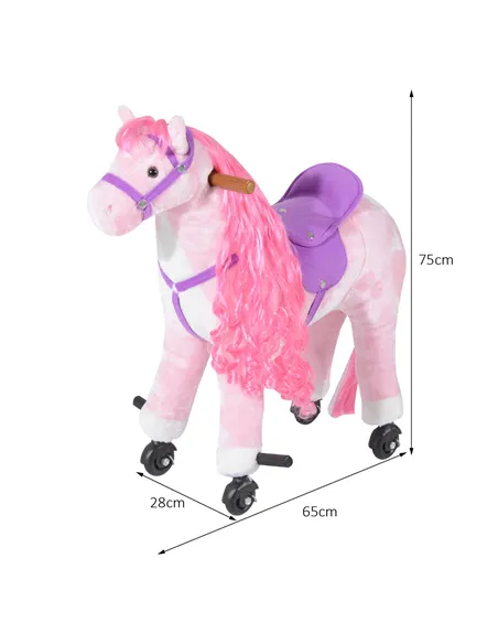 HOMCOM Plush Walking Horse Ride On Toy with Wheels and Realistic Sounds Rocking Horse for Girls Boys 2+ Years Old, 50cm Tall, Pi