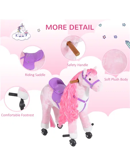 HOMCOM Plush Walking Horse Ride On Toy with Wheels and Realistic Sounds Rocking Horse for Girls Boys 2+ Years Old, 50cm Tall, Pi