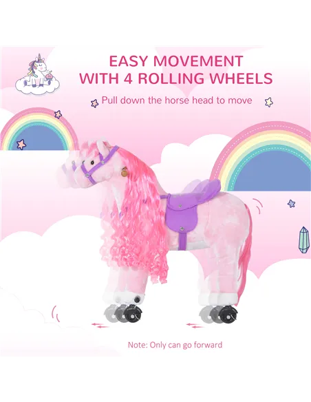 HOMCOM Plush Walking Horse Ride On Toy with Wheels and Realistic Sounds Rocking Horse for Girls Boys 2+ Years Old, 50cm Tall, Pi