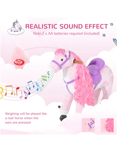 HOMCOM Plush Walking Horse Ride On Toy with Wheels and Realistic Sounds Rocking Horse for Girls Boys 2+ Years Old, 50cm Tall, Pi