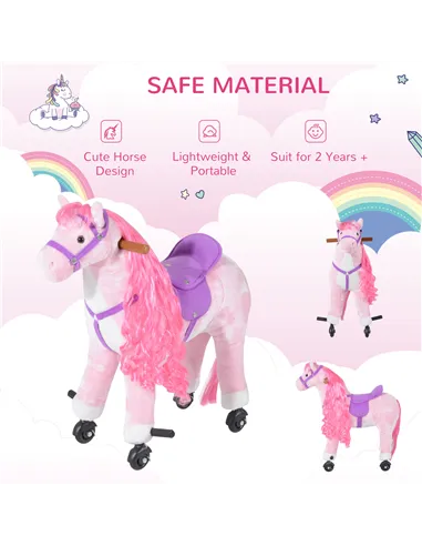 HOMCOM Plush Walking Horse Ride On Toy with Wheels and Realistic Sounds Rocking Horse for Girls Boys 2+ Years Old, 50cm Tall, Pi