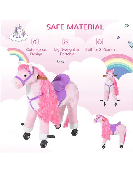 HOMCOM Plush Walking Horse Ride On Toy with Wheels and Realistic Sounds Rocking Horse for Girls Boys 2+ Years Old, 50cm Tall, Pi