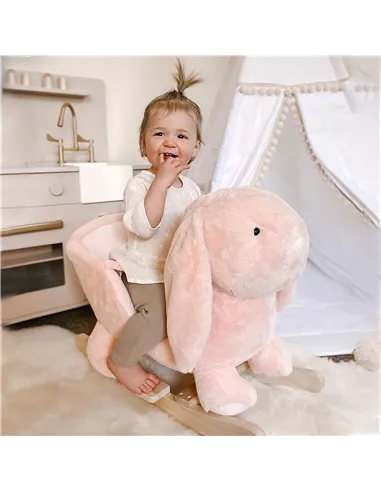 HOMCOM Kids Rocking Rabbit, Plush Rocking Horse Ride-On w/ Sound, Wood Base, Seatbelt, for Ages 18-36 Months, Pink