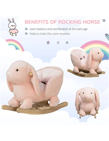 HOMCOM Kids Rocking Rabbit, Plush Rocking Horse Ride-On w/ Sound, Wood Base, Seatbelt, for Ages 18-36 Months, Pink