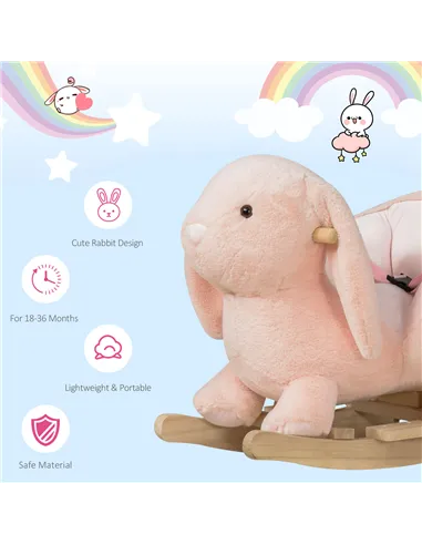 HOMCOM Kids Rocking Rabbit, Plush Rocking Horse Ride-On w/ Sound, Wood Base, Seatbelt, for Ages 18-36 Months, Pink