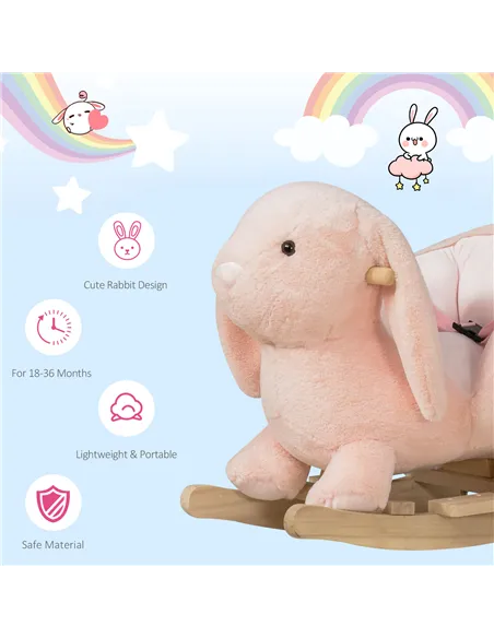 HOMCOM Kids Rocking Rabbit, Plush Rocking Horse Ride-On w/ Sound, Wood Base, Seatbelt, for Ages 18-36 Months, Pink