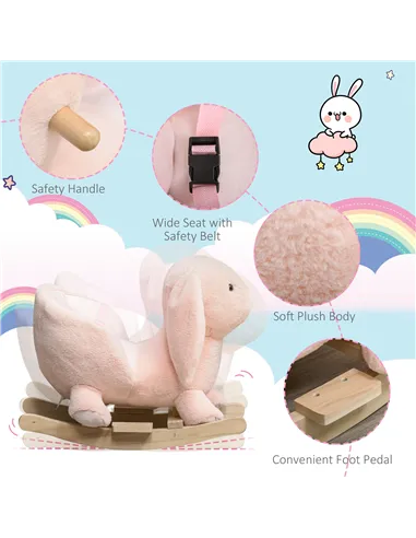 HOMCOM Kids Rocking Rabbit, Plush Rocking Horse Ride-On w/ Sound, Wood Base, Seatbelt, for Ages 18-36 Months, Pink