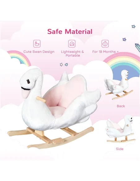HOMCOM Kids Rocking Horse Plush Ride On Swan Toy w/ Safety Seat for Toddler 18 Months +, White and Pink