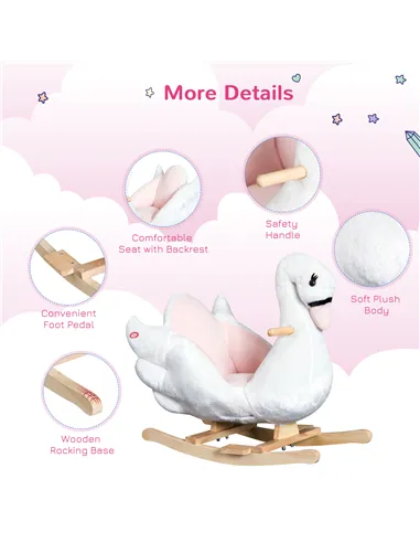 HOMCOM Kids Rocking Horse Plush Ride On Swan Toy w/ Safety Seat for Toddler 18 Months +, White and Pink