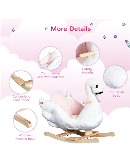 HOMCOM Kids Rocking Horse Plush Ride On Swan Toy w/ Safety Seat for Toddler 18 Months +, White and Pink