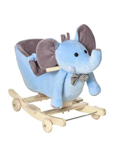 HOMCOM 2 In 1 Plush Baby Ride on Rocking Horse Elephant Rocker with Wheels Wooden Toy for Kids 32 Songs for 18+ Months (Blue)