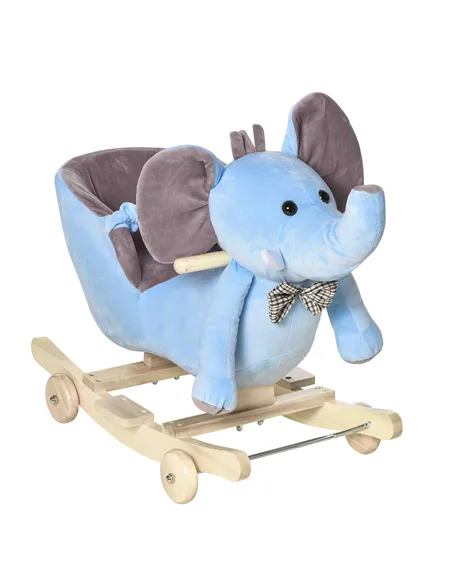 HOMCOM 2 In 1 Plush Baby Ride on Rocking Horse Elephant Rocker with Wheels Wooden Toy for Kids 32 Songs for 18+ Months (Blue)