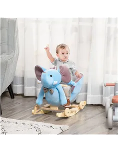 HOMCOM 2 In 1 Plush Baby Ride on Rocking Horse Elephant Rocker with Wheels Wooden Toy for Kids 32 Songs for 18+ Months (Blue) 2