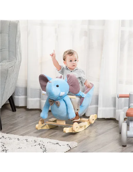 HOMCOM 2 In 1 Plush Baby Ride on Rocking Horse Elephant Rocker with Wheels Wooden Toy for Kids 32 Songs for 18+ Months (Blue)