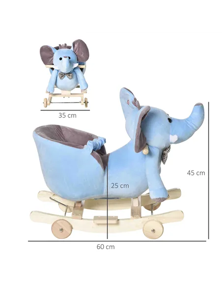 HOMCOM 2 In 1 Plush Baby Ride on Rocking Horse Elephant Rocker with Wheels Wooden Toy for Kids 32 Songs for 18+ Months (Blue)