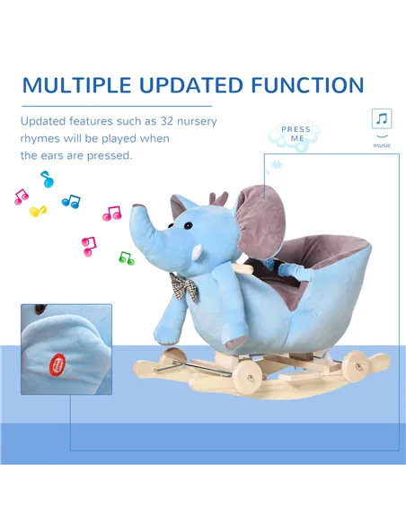 HOMCOM 2 In 1 Plush Baby Ride on Rocking Horse Elephant Rocker with Wheels Wooden Toy for Kids 32 Songs for 18+ Months (Blue)