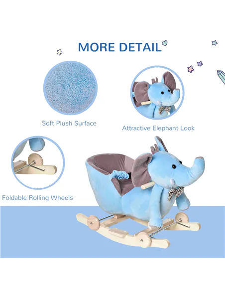 HOMCOM 2 In 1 Plush Baby Ride on Rocking Horse Elephant Rocker with Wheels Wooden Toy for Kids 32 Songs for 18+ Months (Blue)