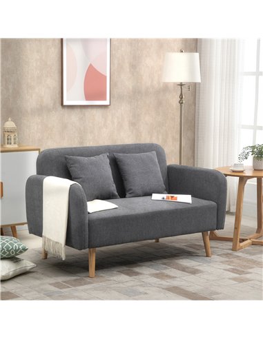 HOMCOM 2 Seater Sofa, Modern Fabric Loveseat Sofa, Small Couch with 2 Pillows, Armrest and Wood Legs for Living Room, Bedroom, H