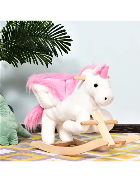 HOMCOM Kids Rocking Horse Unicorn Wooden Plush Ride On Chair Toy with Music 1.5-3 Years