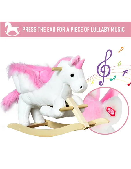 HOMCOM Kids Rocking Horse Unicorn Wooden Plush Ride On Chair Toy with Music 1.5-3 Years