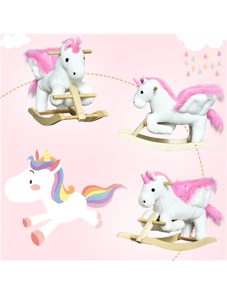 HOMCOM Kids Rocking Horse Unicorn Wooden Plush Ride On Chair Toy with Music 1.5-3 Years