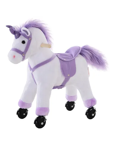 HOMCOM Kids Ride-On Rocking Unicorn, with Realistic Sounds, Handlebars, Purple/White