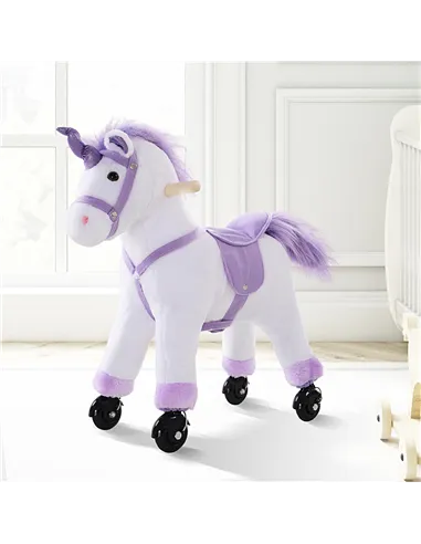 HOMCOM Kids Ride-On Rocking Unicorn, with Realistic Sounds, Handlebars, Purple/White