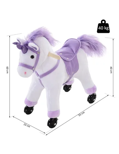 HOMCOM Kids Ride-On Rocking Unicorn, with Realistic Sounds, Handlebars, Purple/White
